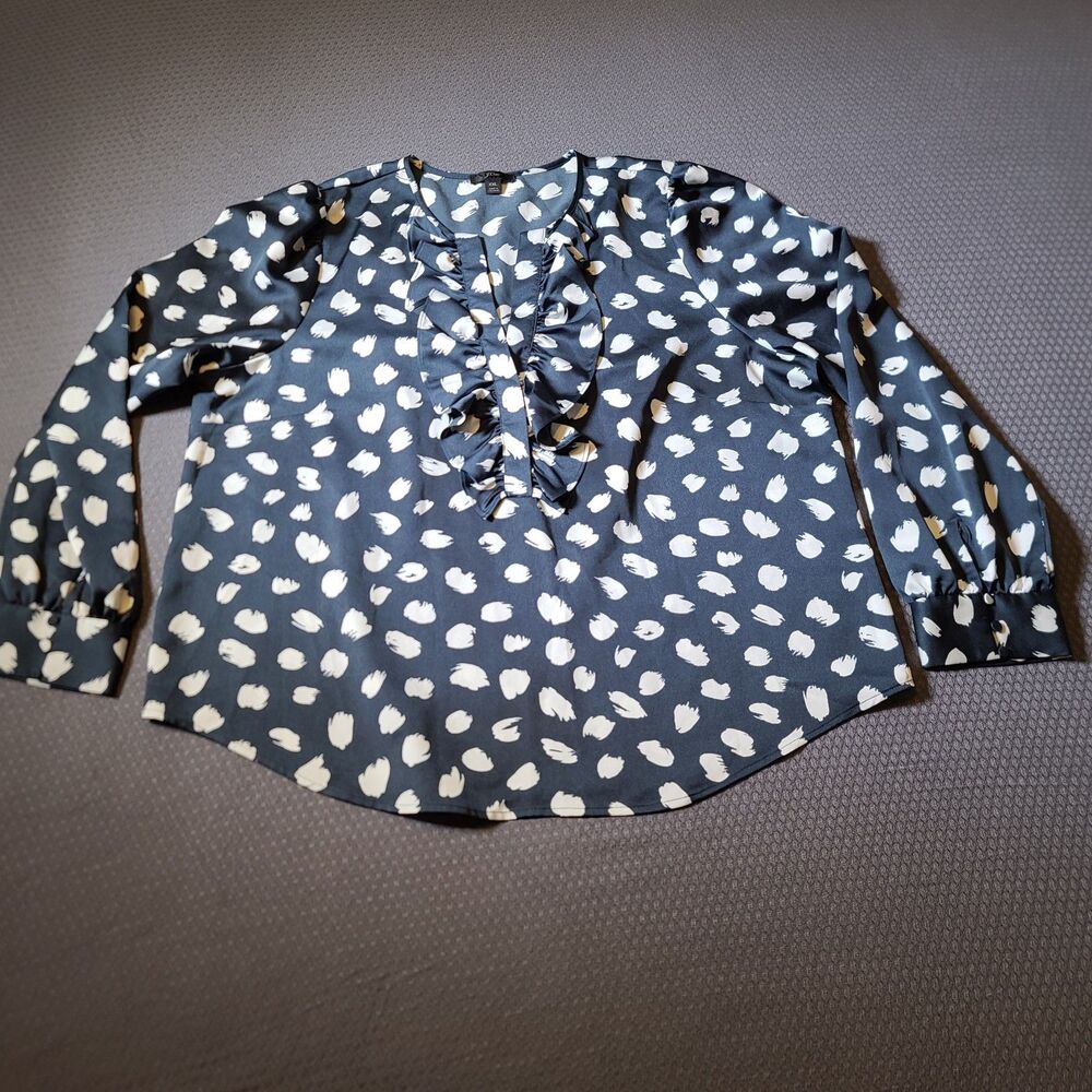 J. Crew Long Sleeve  Ruffle Front Blouse Navy Brush Stroke Print Size XXL